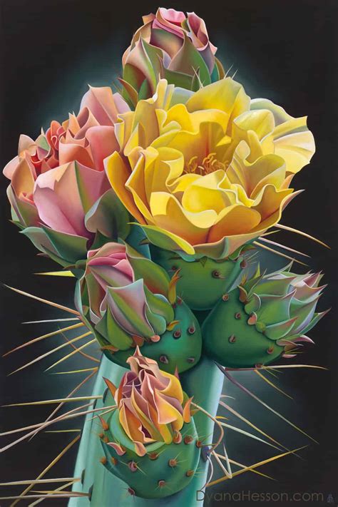 Rooted and Established in Love - Prickly Pear Cactus Blooms and Buds 38x26 - Dyana Hesson