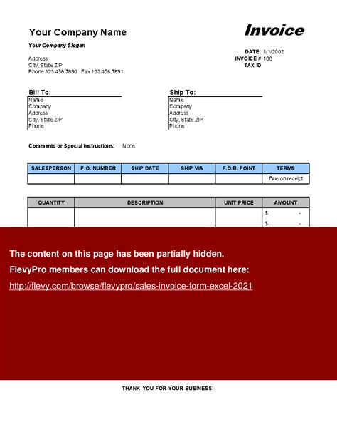 Excel Template: Sales Invoice Form (Excel template XLS) - FlevyPro Document | Flevy