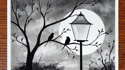 How to Draw Scenery of Moonlight Night by pencil sketch, Love Birds Scen... | Desenhos paisagens ...