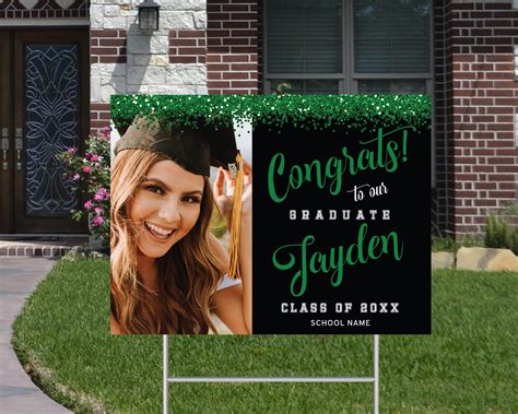 Graduation Yard Sign Template Photo Lawn Sign, Green and Black Graduation Party Decor, Glitter ...