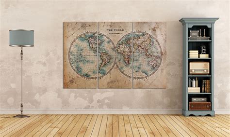 Large World Map World in Hemispheres Leather Print/Vintage World Map/Wall art/Large World Map ...