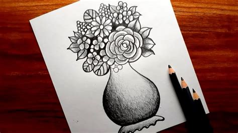 Flower Pot Drawing || Flower Vase Drawing || Pencil Shading Flower Vase ...