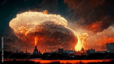 Epic Nuclear Explosions Above City Apocalyptic Sky Spectacular Art Illustration. Nuclear War ...