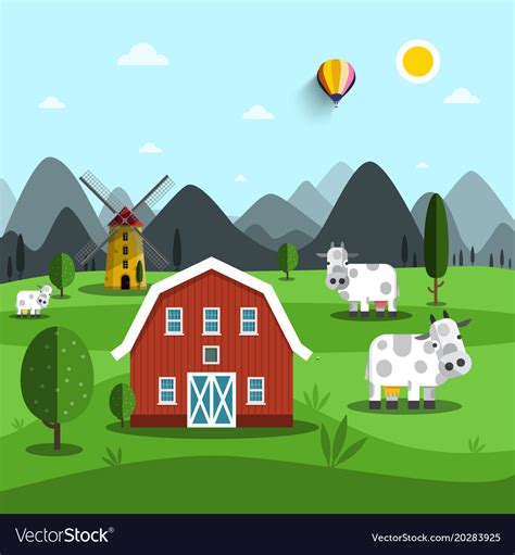 Farm cartoon landscape with cows and house Vector Image