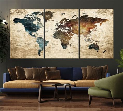 Vintage World Map Wall Art Print Grunge Map on Canvas | Etsy