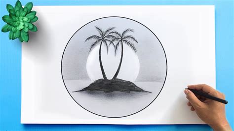 Sunset Scenery Pencil Sketch Drawing in a Circle