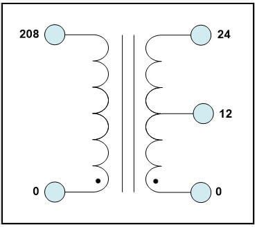 CENTER TAP TRANSFORMER, 2.4 KVA, PRIMARY 208 VAC, SECONDARY 12/24 VAC ...