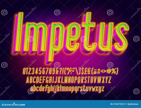 Impetus Alphabet Font. 3D Effect Glowing Letters, Numbers And Punctuations. Cartoon Vector ...