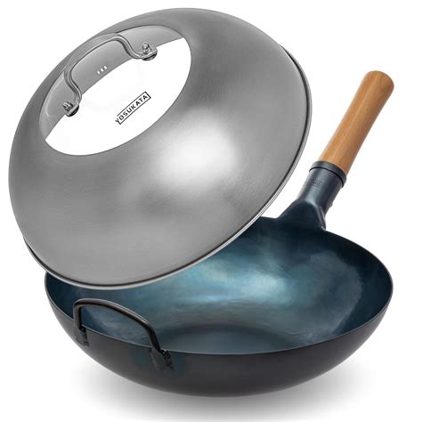 Blue Carbon Steel Wok 13,5-inch+Stainless Steel Wok Lid | Yosukata