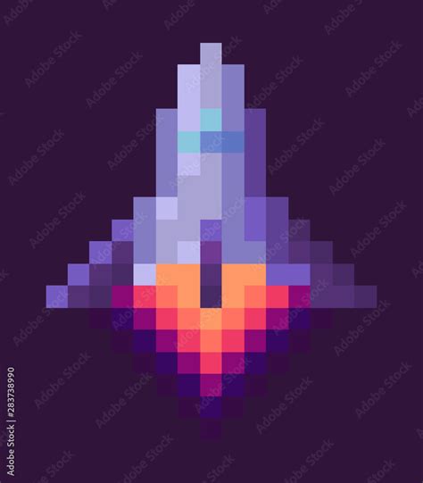 Retro spaceship, pixel art sign in 8 or 16 bit game in dark night sky. Vector starship in ...