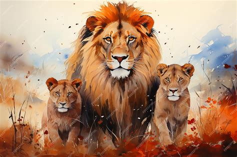 Premium AI Image | Lion family in the wild drawn with watercolor