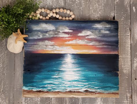 Beach sunset painting, acrylic painting on pallet wood, reclaimed wood – The White Birch Studio