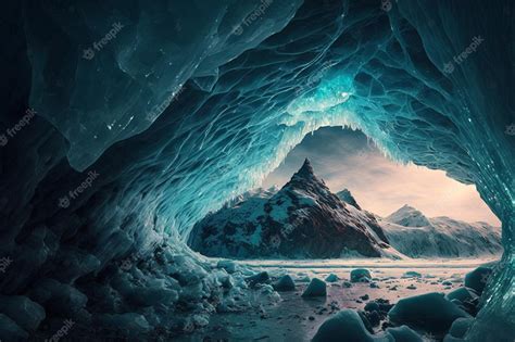 Premium Photo | Ice cave with mountains in the background