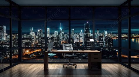 Office Workstation At Night Background, 3d Office With Night City Skyline, Hd Photography Photo ...