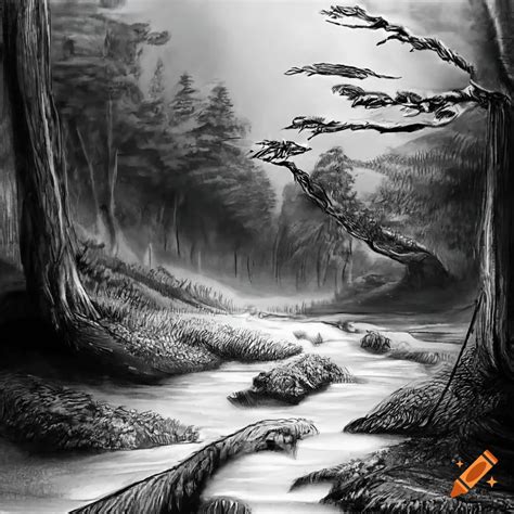 Detailed pencil drawing of a river in a forest on Craiyon