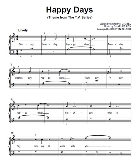 Happy Days Theme Song From The TV Show - Easy Piano Cover Sheet Music