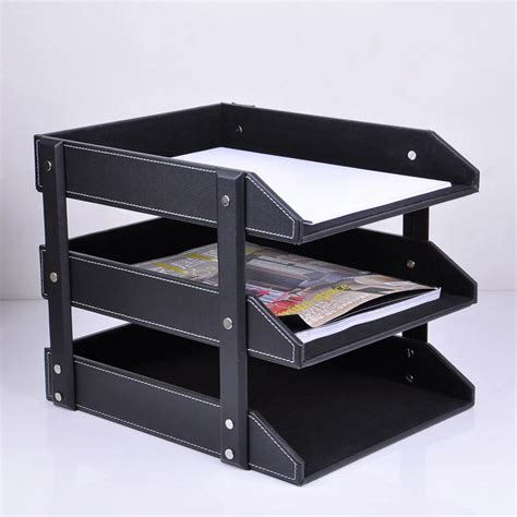 3 layer detachable wood leather desk filing tray box office organizer case document container ...