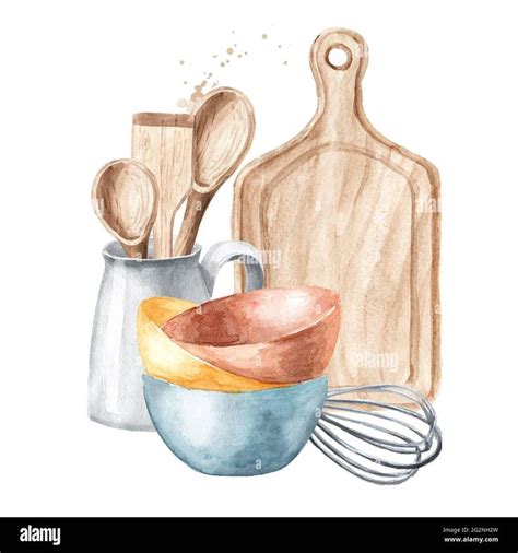 Download this stock image: Kitchen utensils. Watercolor hand drawn illustration, i… | Watercolor ...