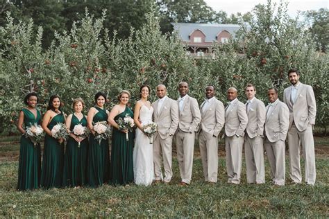 Emerald green bridesmaids dresses, tan tux, September Wedding, Mapleside Fa… | Emerald green ...