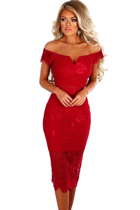 Cheap Wholesale Red Lace Bardot Midi Dress