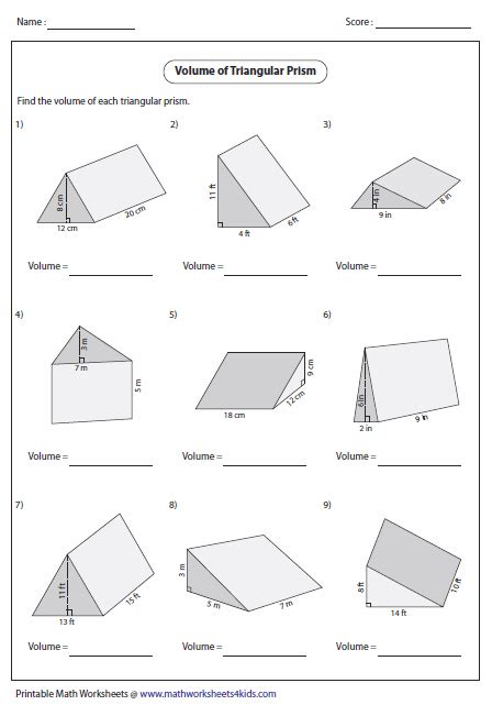 Triangular Prism Surface Area Worksheet