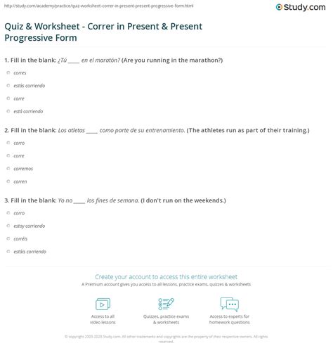 Quiz & Worksheet - Correr in Present & Present Progressive Form | Study.com