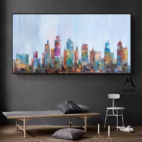 Large City Abstract Painting on Canvas Wall Art City Skyline | Etsy