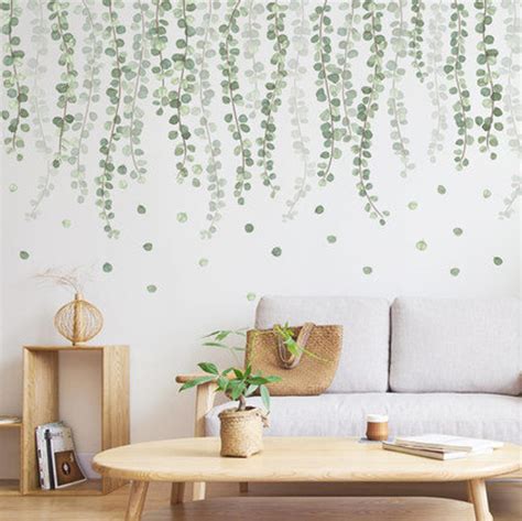 Hanging tender branch dark green leaves vine wall decal | Etsy | Wall decor living room, Green ...