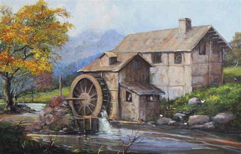 Signed Impressionist Painting of a Watermill from Brazil - The Watermill | NOVICA