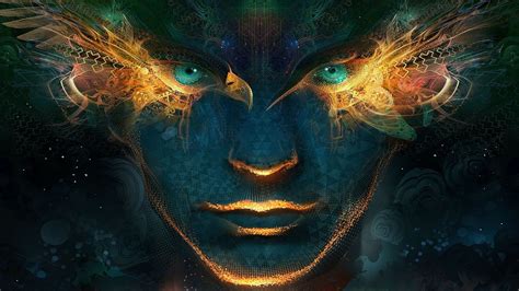 face, Green eyes, Digital art, Artwork, Abstract, Geometry, Wings, Glowing, Android Jones HD ...