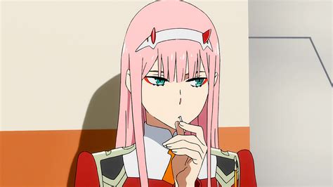 Darling In The FranXX Zero Two Hiro Zero Two With Pink Hair And Green Eyes With Background Of ...