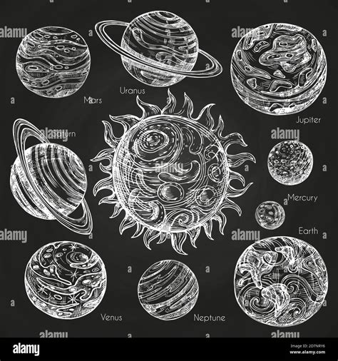 Sketch of planets of Solar System on blackboard. Vector planets and sun, universe space system ...