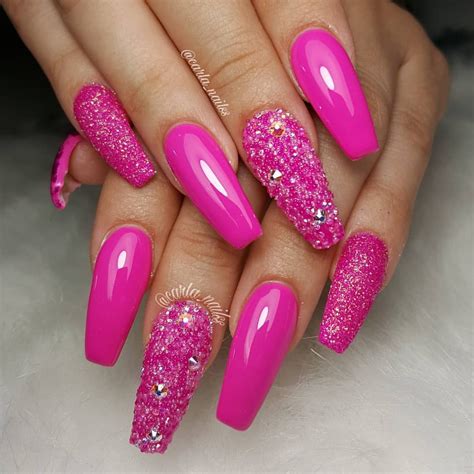 Hot Pink Acrylic Nails With Glitter / Gold + pastel yellow gel nail art ...