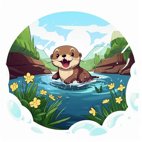 Premium AI Image | Cartoon otter in the river with flowers and grass generative ai