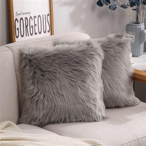 Buy Peshtemania Grey Fluffy Pillows (2packs 18"x18") Cute Faux Fur Pillow Case Decorative for ...