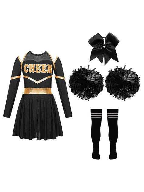 ZDHoor Girls Cheerleader Costume Halloween Party Dress Up Cheerleading Uniform Outfit with Pom ...