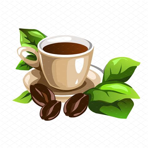 Cup of coffee with beans and leaves | Pre-Designed Illustrator Graphics ...