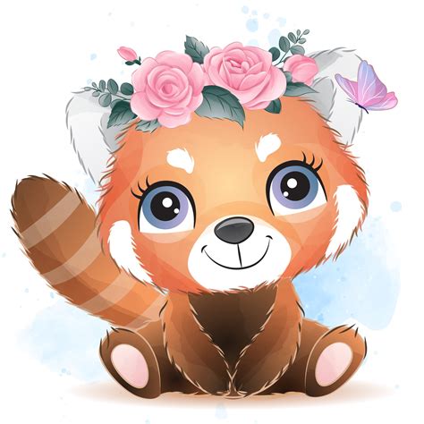 Cute red panda clipart with watercolor illustration