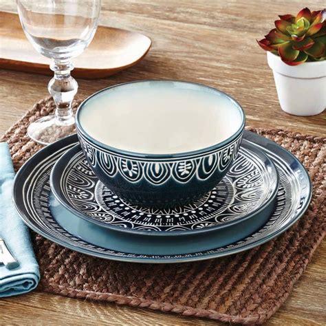 12 Piece Dinnerware Set Round Dishes Dinner Teal Medallion Plates Kitchen NEW 13302524778 | eBay