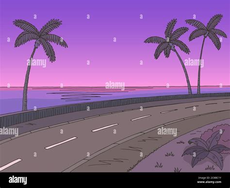 Street road sunset graphic palm tree color sea landscape sketch ...