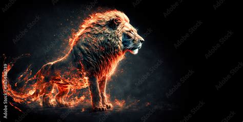 Male lion king, made of fire. Creative hot fire flames coming from the king of the jungle ...