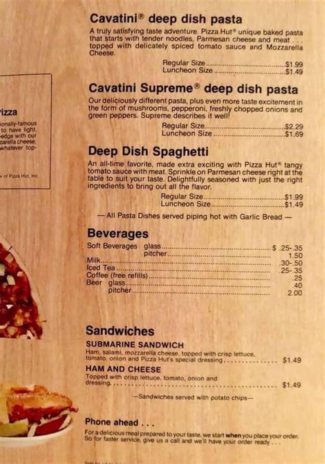 Pizza Hut menu- Pasta and Sandwiches (dated 1975) : r/VintageMenus