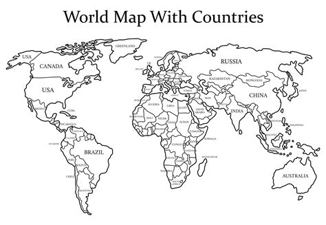 Black and White World Map with Countries | World map printable, Color world map, World map ...