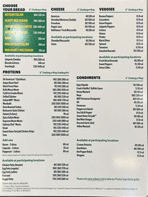 Subway menu – SLC menu