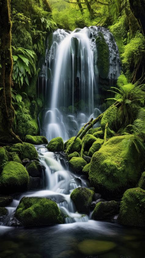 A waterfall in a lush forest, long exposure photography, capturing the motion of water as silky ...