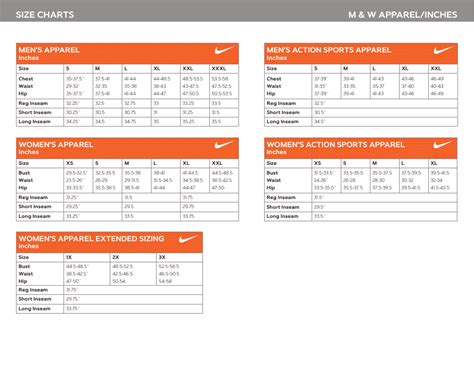 M & W Apparel Size Chart in Inches - Nike Download Printable PDF ...