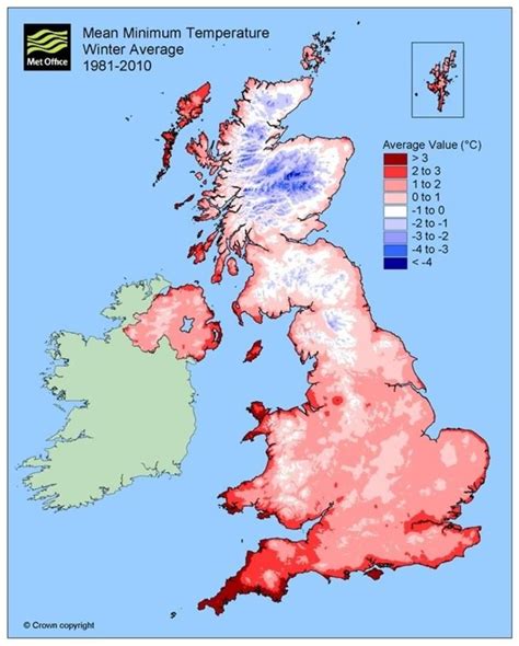 Map of the UK coloured to show average winter temperature, with shades of blue representing up ...