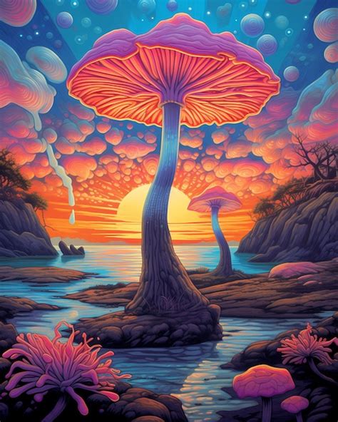 Premium AI Image | A painting of a forest with a colorful mushroom and a river in the background