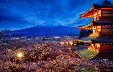 Photo Wallpaper The Sky, Trees, Landscape, Night, Nature, - Mount Fuji By Night - 1332x850 ...