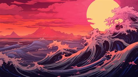 Ocean Wave Sunset Japanese Art 4K #8761m Wallpaper PC Desktop